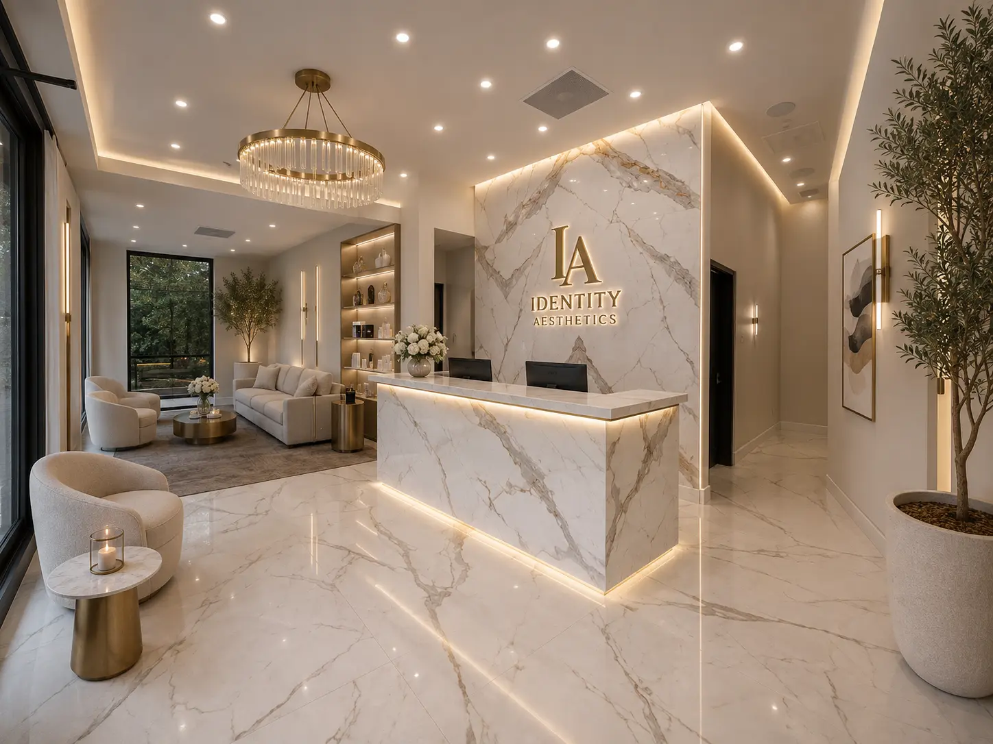 Spacious Identity Aesthetics lobby with illuminated marble reception desk and elegant seating