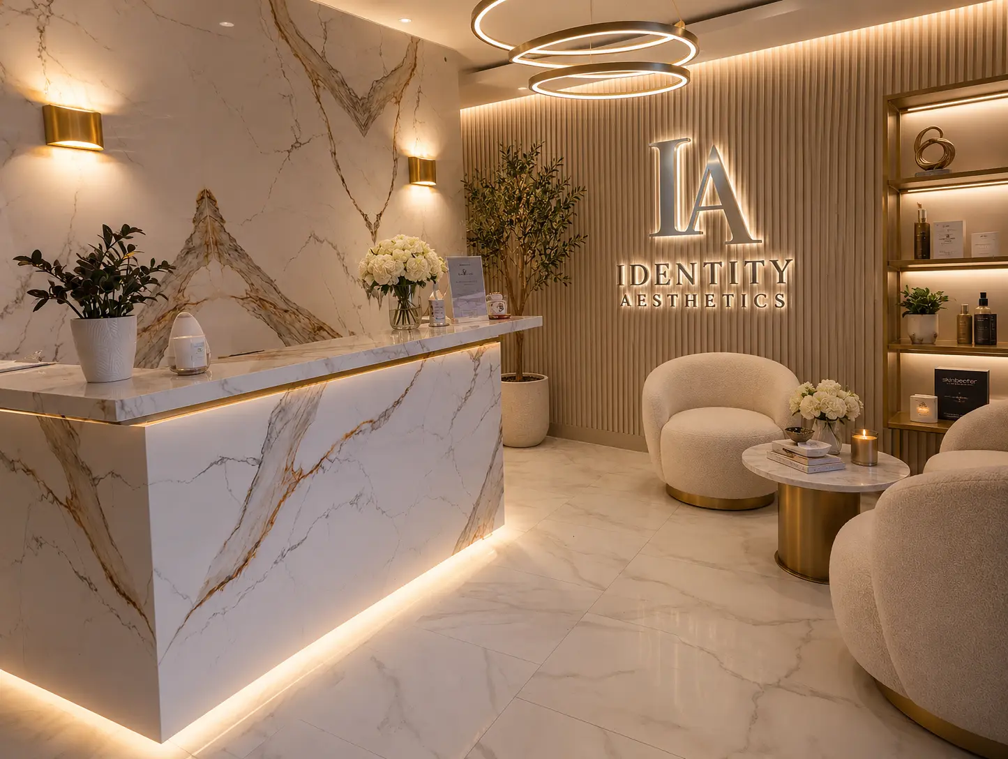 Identity Aesthetics luxury reception lounge with illuminated marble and gold finishes
