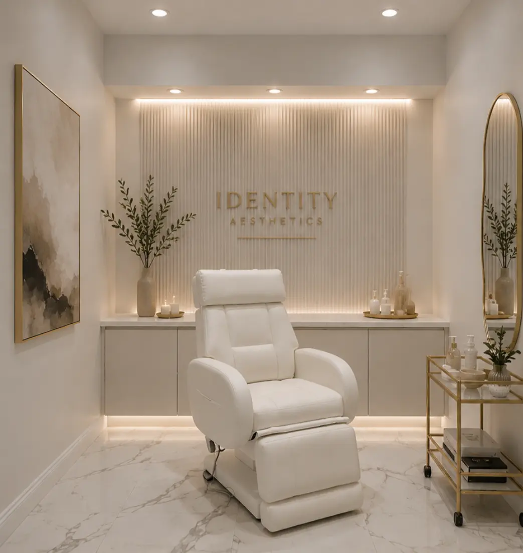 Private Identity Aesthetics treatment suite with warm lighting and elegant finishes